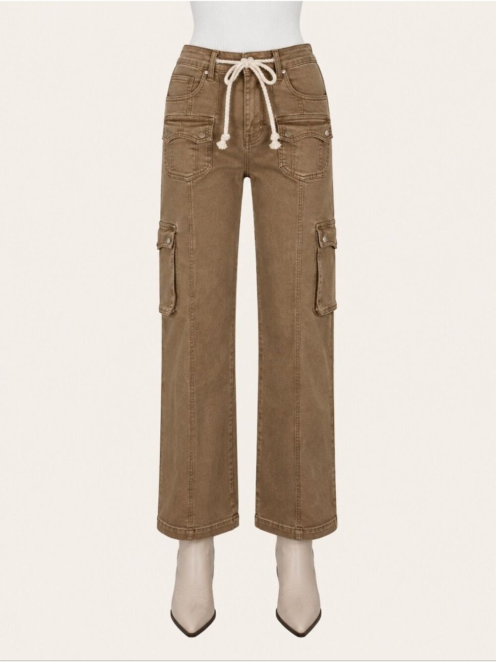 Risen Cocoa Cargo Straight Leg Jeans NWT Size 1/25 Utility Chic Cotton Stretch